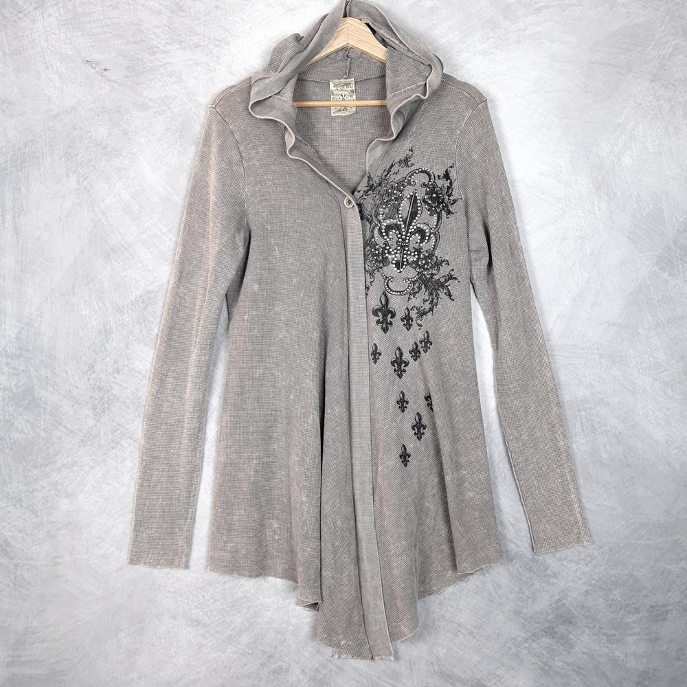 Vocal Cardigan Sweater Womens XL Gray Hooded Goth Rhinestone Fleur Affliction